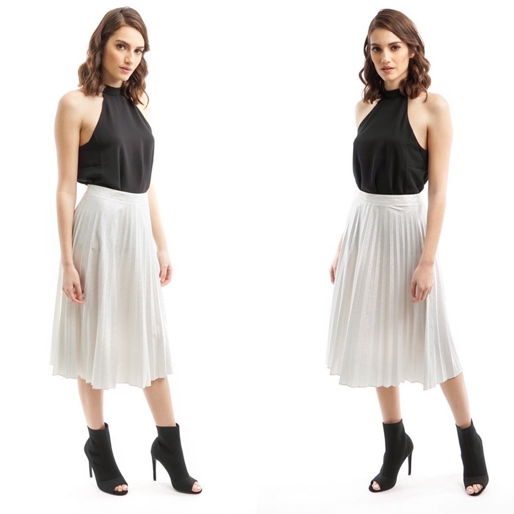 Silver Metallic Pleated Midi Skirt
